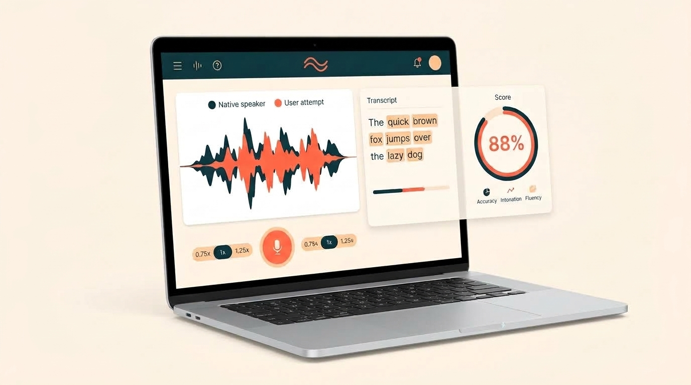 Preview of the ShadowEnglish web app comparing a native speaker's waveform with the learner's attempt