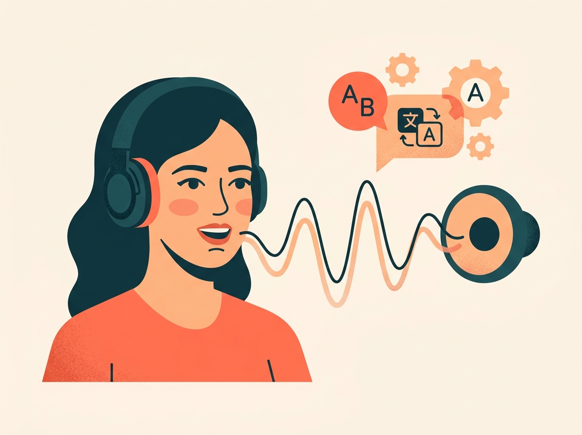 Illustration of a learner with headphones repeating English while two sound waves move together