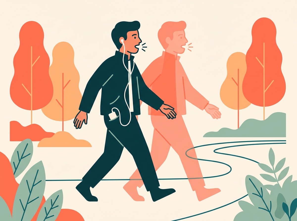Illustration of a person walking with earbuds while a coral shadow figure mirrors them